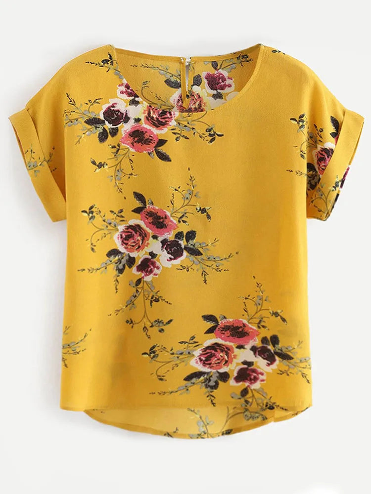 Summer Floral Print Blouse O Neck Short Sleeve Women
