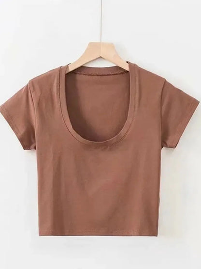 U Neck Crop Top High Waist Slim Solid Color Tee Street