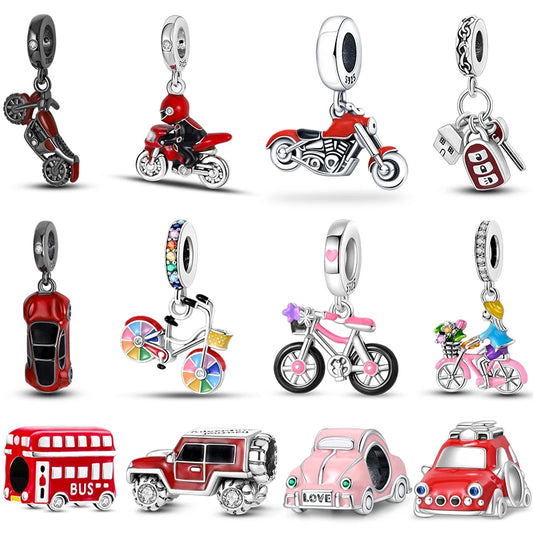 Sterling Silver Sports Car and Motorcycle Charms for DIY Jewelry Making