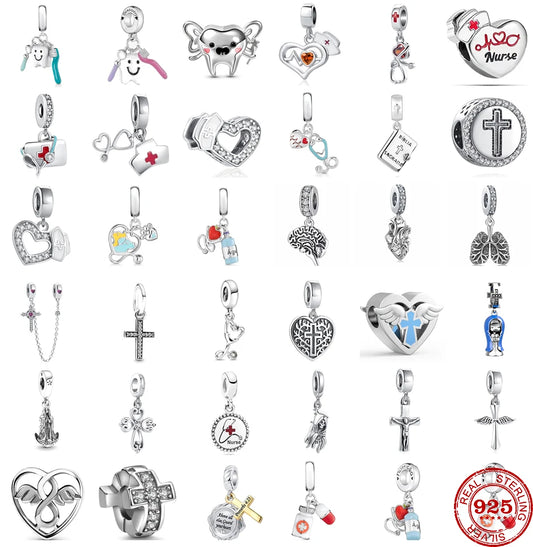 925 Sterling Silver Nurse Cross DIY Charms Beads Zircon