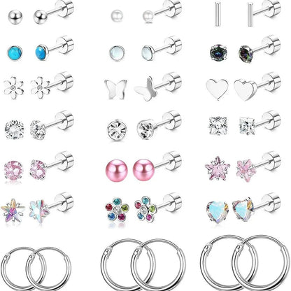 Trendy Pink Flower Heart Screw Stud Earrings Set for Women Fashion Jewelry