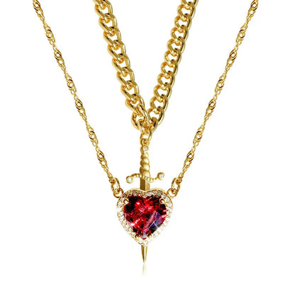 Assembled Heart and Sword Zircon Pendant Necklace Set for Couples Silver Gold Plated Choker Jewelry Gifts