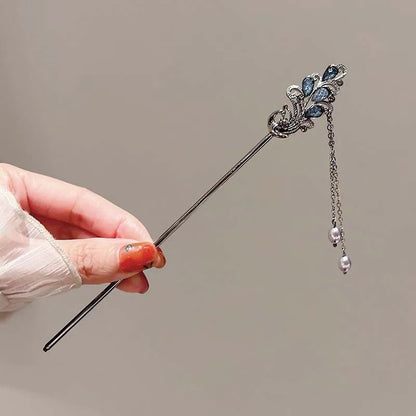 Vintage Chinese Ink Flower Tassel Hairpin With Black Beads Fringe For Women