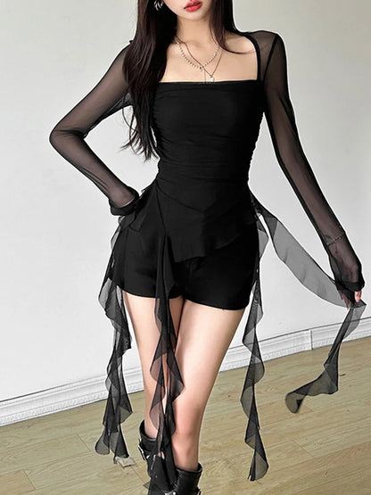 Sexy Slash Neck Off Shoulder Gauze Tee Women Y2K Grunge Top