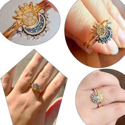 Hot Sale Original 925 Sterling Silver Tiara Heart Sparkling Wedding Ring Rose Gold Women Sun and Moon Crystals Jewelry PAR293