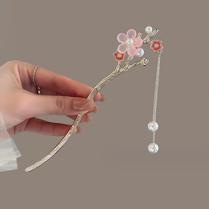 Elegant Gold Red Floral Pearl Long Tassel Hairpins Bridal Chinese Wedding Headpiece