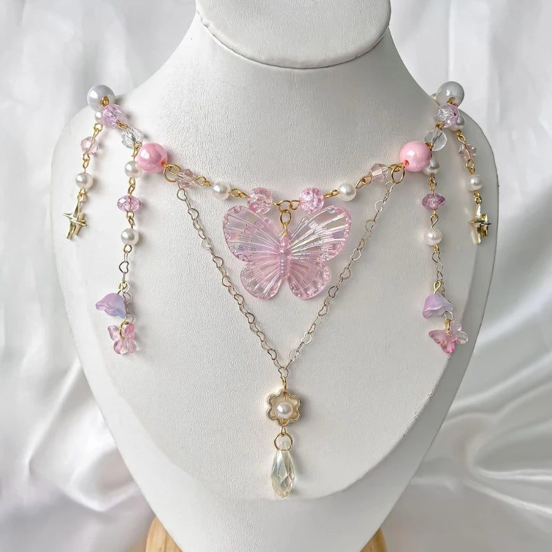 Elegant Beaded Butterfly Pendant Necklace for Women with Adjustable Chain