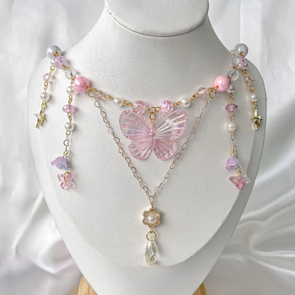 Elegant Beaded Butterfly Pendant Necklace for Women with Adjustable Chain