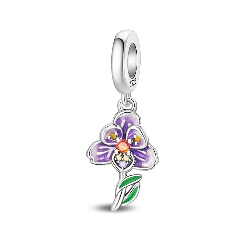 925 Sterling Silver Colorful Flower Charms with Zircon Roses Tulips and Daisies for DIY Necklace and Bracelet Jewelry Gifts