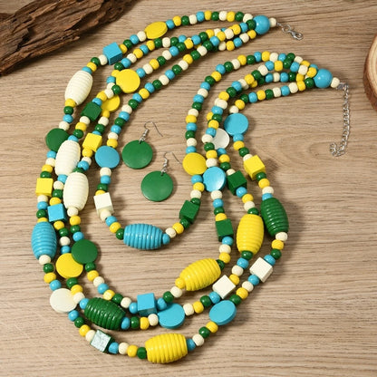 Bohemian African Jewelry Set with Geometric Multilayer Wooden Beads Necklace and Earrings for Women