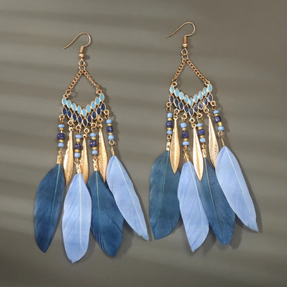 Bohemian Long Feather Drop Earrings with Tassel Beads and Enamel Flowers for Women