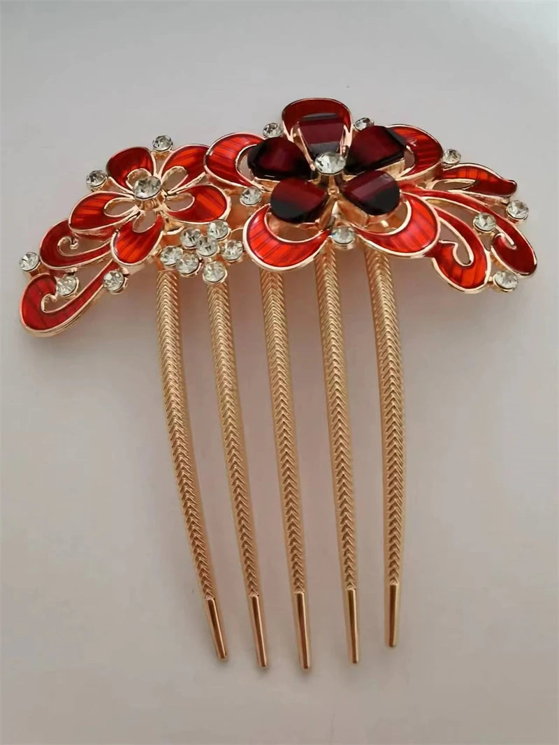 Elegant Red Crystal Flower Bow Hairpin With Vintage Blue Rhinestones