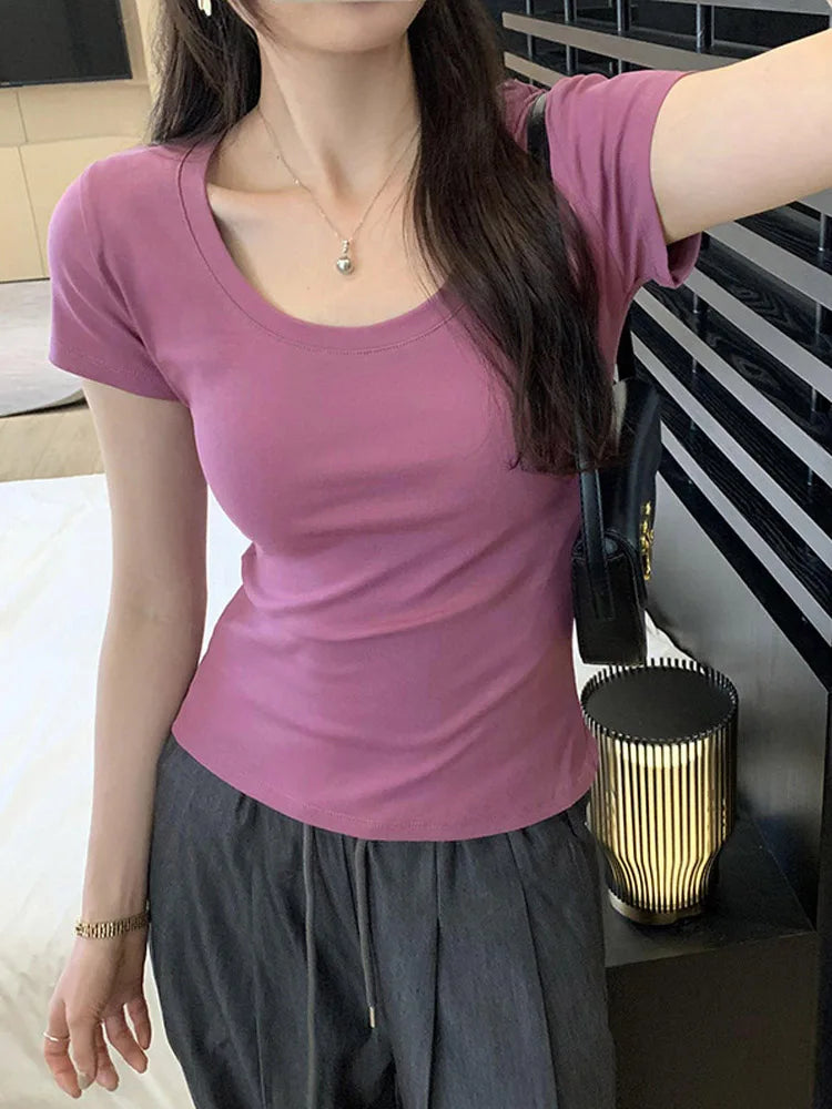2025 Womens Slim Cotton O Neck Summer Tee Y2K Basic