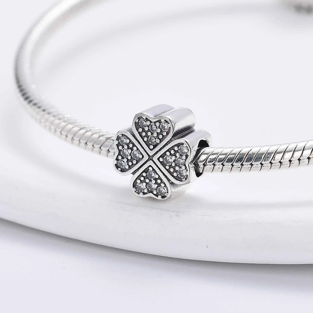 925 Sterling Silver Charm Beads for Women Bracelet - Four-Leaf Clover and Sunflower Design