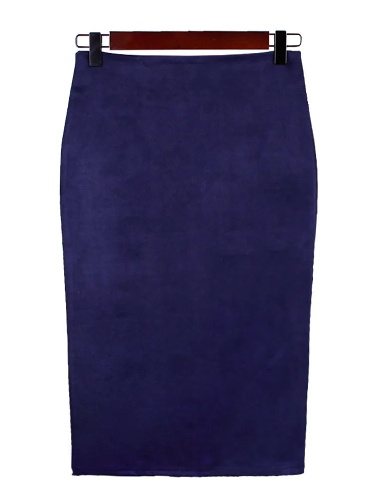 Multicolor Suede Midi Pencil Skirt Women High Waist Bodycon