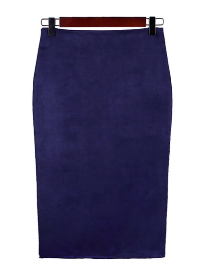 Multicolor Suede Midi Pencil Skirt Women High Waist Bodycon