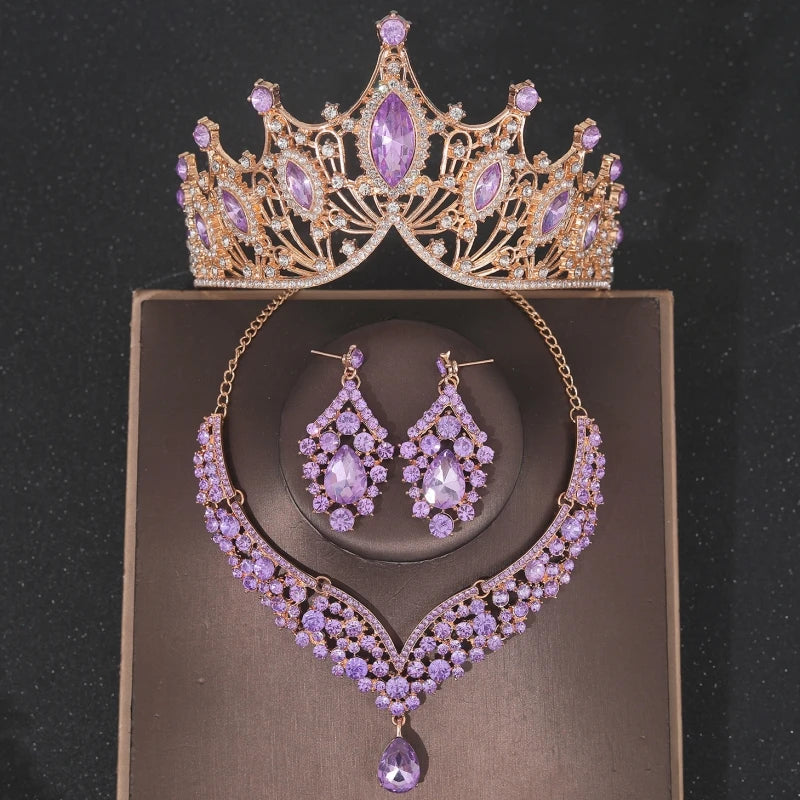 Crystal Crown Bridal Jewelry Set - 3Pcs Rhinestone Necklace & Earring Accessories Purple 1