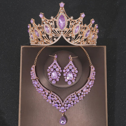 Crystal Crown Bridal Jewelry Set - 3Pcs Rhinestone Necklace & Earring Accessories Purple 1