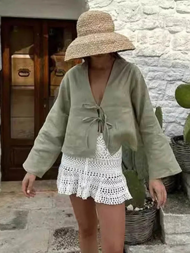 Summer White Lace Up Blouse Women V Neck Long Sleeve