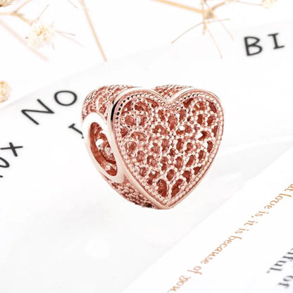 Rose Gold Winged Angel Heart Charm Bead Pink Daisy Spacer