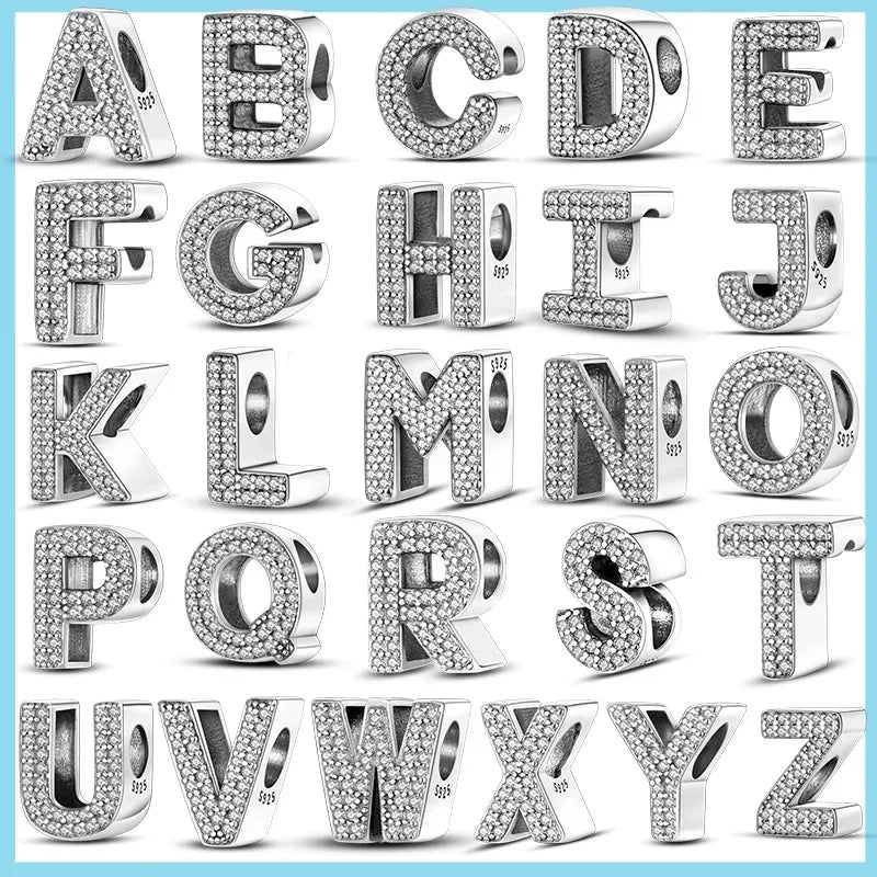 925 Sterling Silver Alphabet Beads Charm Set A to Z with Zircon for DIY Jewelry Making