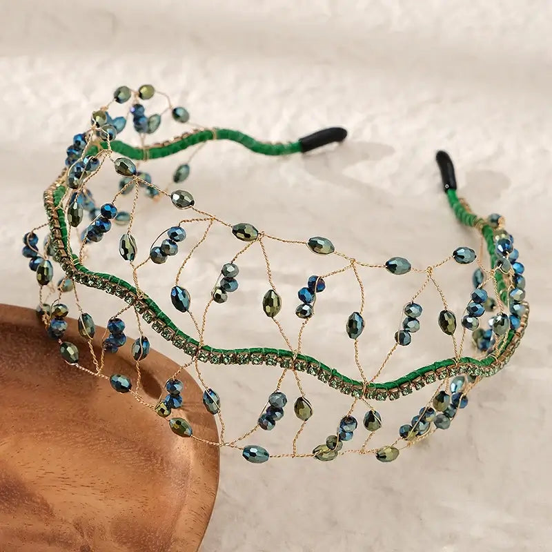 Women Luxury Crystal Bead Bridal Headband Royal Crown Tiara TS-J3263GREEN
