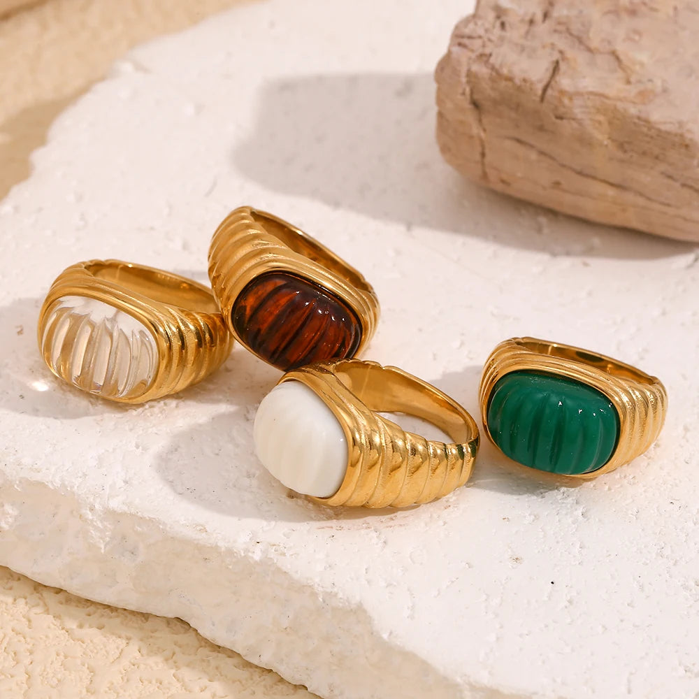Elegant Square Acrylic Cabochon Ring with Tarnish-Free Stainless Steel and 18K Gold Plating for Fashionable Women