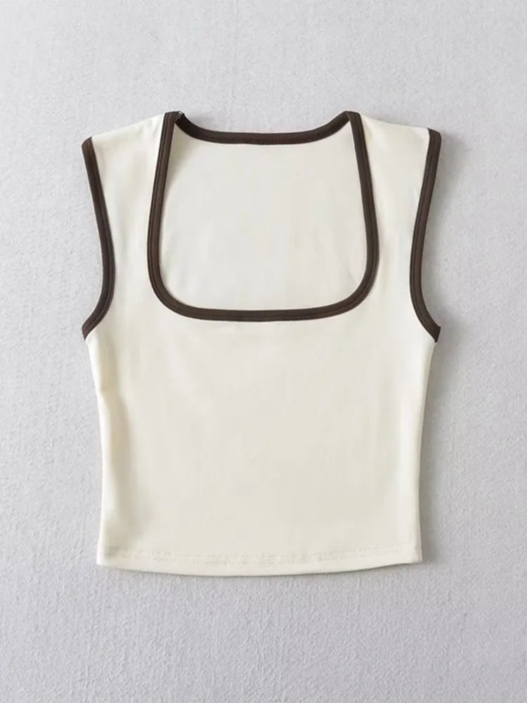 Woman Fashion Slim Solid Contrust Camis Casual Sleeveless Tanks Square Collar Crop Tops Clothing Streetwear Mujer 2024 Y2k