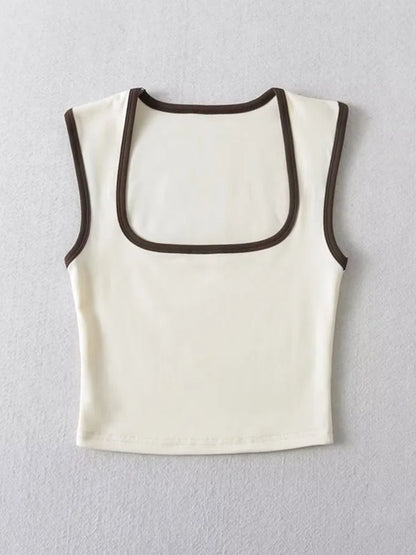 Woman Fashion Slim Solid Contrust Camis Casual Sleeveless Tanks Square Collar Crop Tops Clothing Streetwear Mujer 2024 Y2k