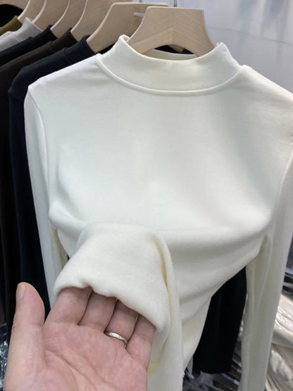 White Cotton Slim Fit Long Sleeve Half Turtleneck Women