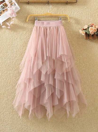 Women Irregular Tulle Skirt Elastic High Waist Mesh Midi