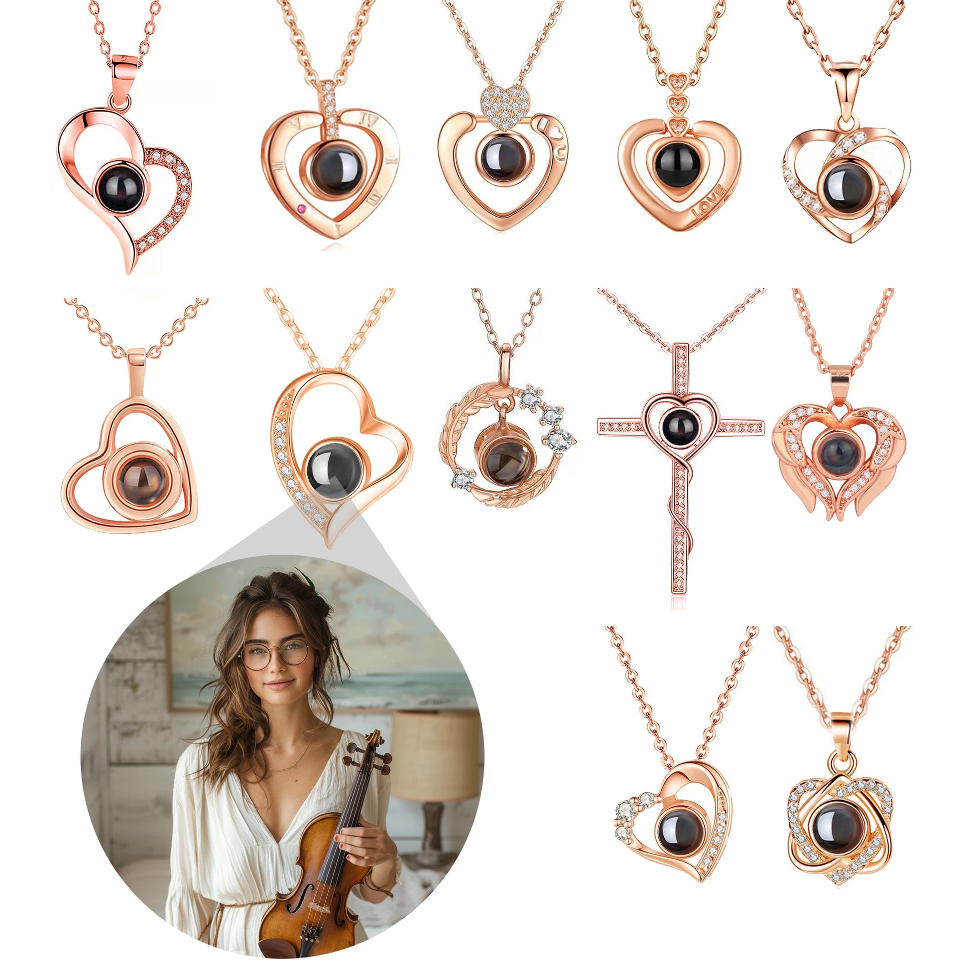 Custom Photo Projection Necklace Copper Pendant with Titanium Steel Chain for Women