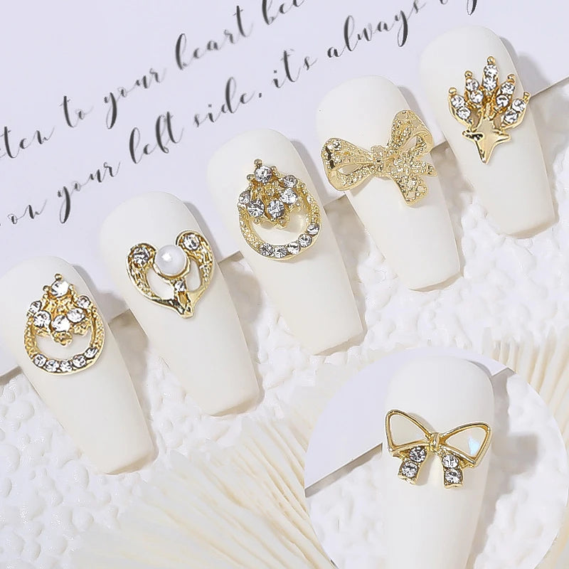 Elegant Gold Silver Metal Bowknot Nail Charm 3D Rhinestone Decor for DIY Manicure Art