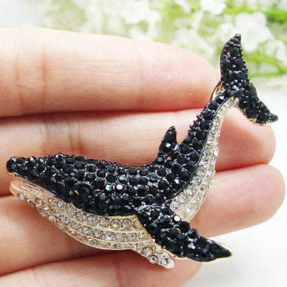 Vintage Black Dolphin Rhinestone Brooch for Women - Elegant Whale Pendant Pin for Party and Wedding