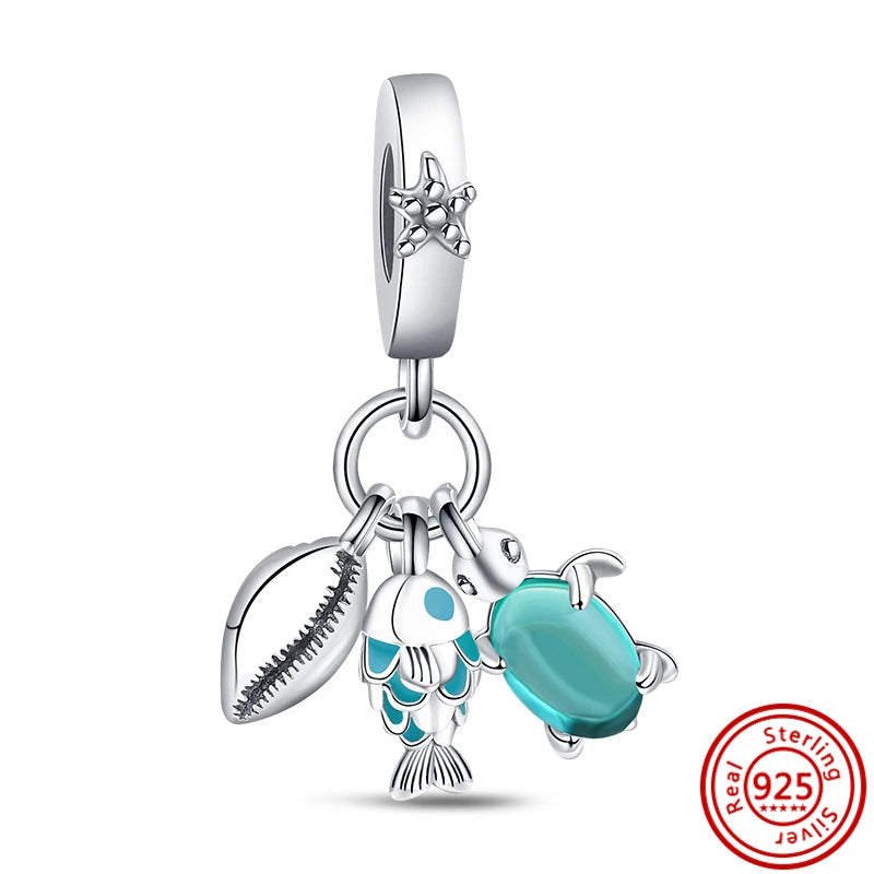 Sterling Silver Blue Zircon Feather Crown Moon Pendant Charm Bracelet Beads N724 3mm-4mm