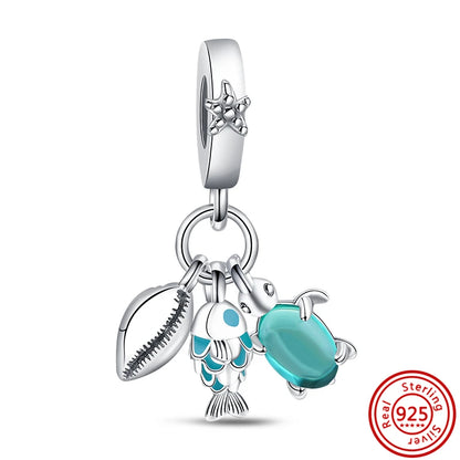 Sterling Silver Blue Zircon Feather Crown Moon Pendant Charm Bracelet Beads N724 3mm-4mm