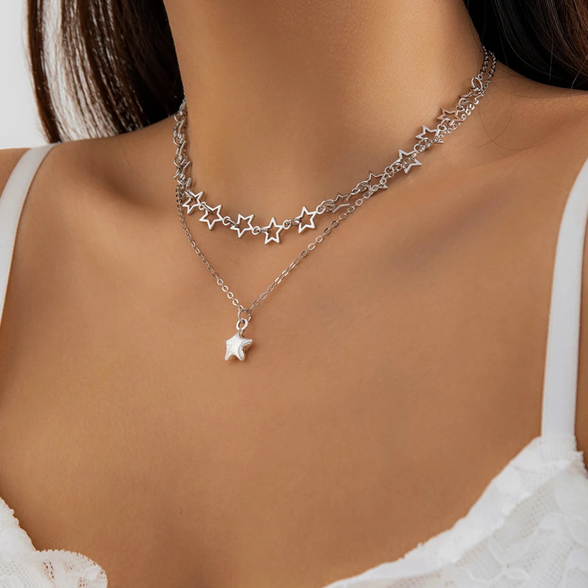 Stylish Punk Hollow Star Pendant Necklace Set for Women - Silver Metal Link Chain Choker by IngeSight.Z