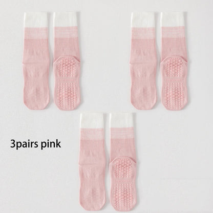 3 Pairs Cotton Anti Slip Mid Calf Yoga Socks For Women