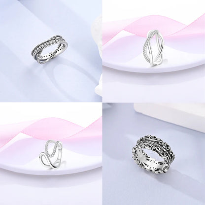 Women's Classic Geometric 925 Sterling Silver Ring with Overlapping Zircon