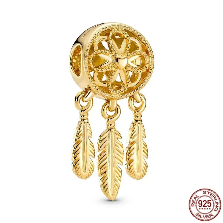 925 Sterling Silver Gold Heart and Maple Leaf Charms Sparkling Zircon Pendant for Women DIY Bracelet Fine Jewelry Gift