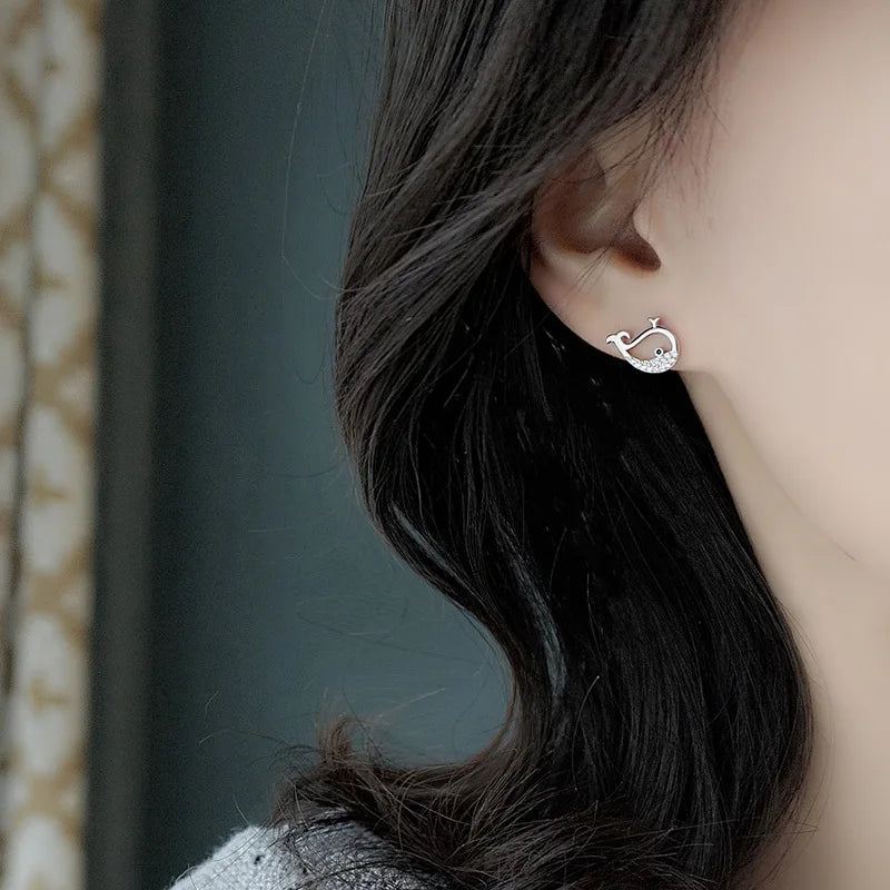 Sterling Silver Whale Stud Earrings for Women with Zircon Gemstones