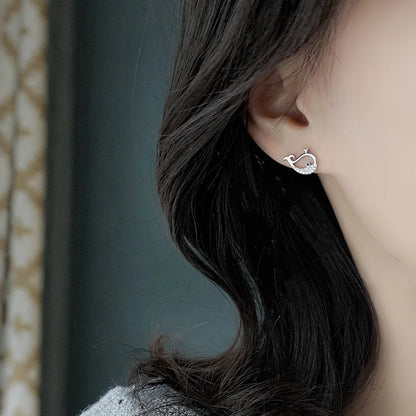 Sterling Silver Whale Stud Earrings for Women with Zircon Gemstones