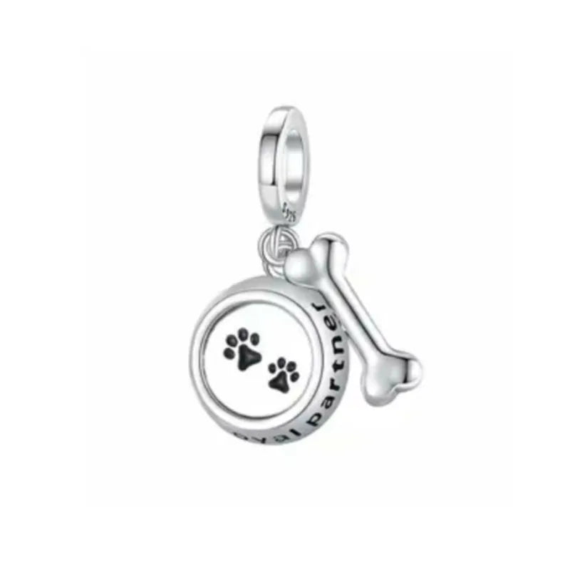 Sterling Silver Paw Print and Bone Charm Bead for Pet Bracelet Jewelry B4192