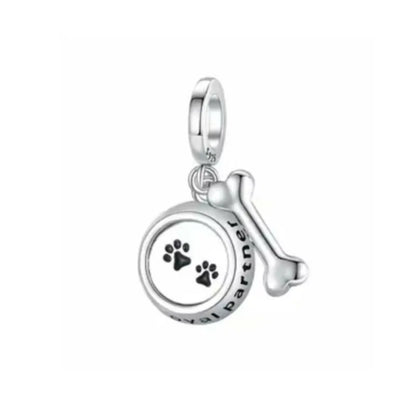 Sterling Silver Paw Print and Bone Charm Bead for Pet Bracelet Jewelry B4192