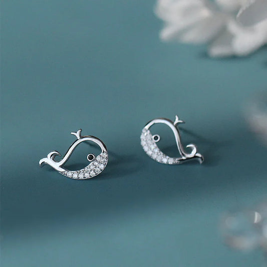 Sterling Silver Whale Stud Earrings for Women with Zircon Gemstones