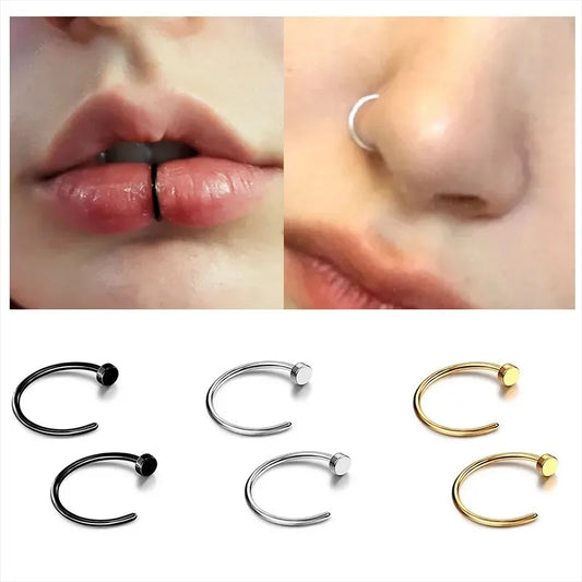 2/6 Pcs Top Rated Stainless Steel Fake Nose Rings for Women Stylish Lip and Nostril Piercing Jewelry