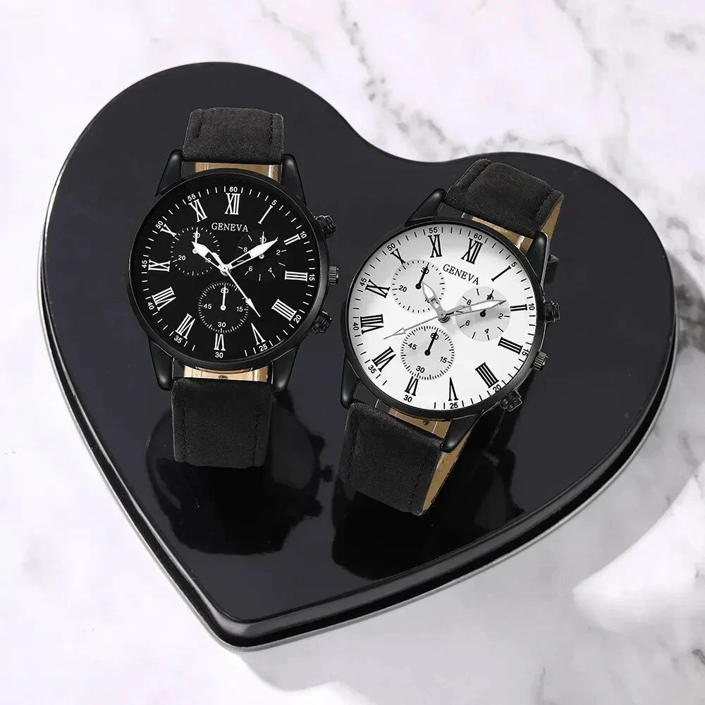 2PCS Set Couple Fashion Casual Leather Watches Simple Dial Multicolor