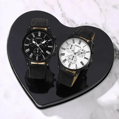 2PCS Set Couple Fashion Casual Leather Watches Simple Dial Multicolor