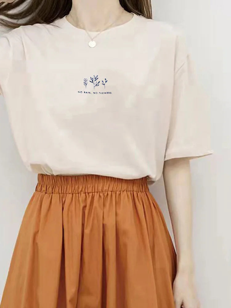 Korean Round Neck Summer Tee Women Loose Plant Print