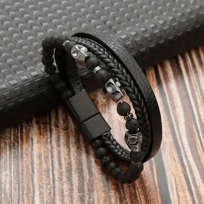 Men's Leather Bracelet with Stainless Steel Tree of Life Charm - Stylish Multi-Layer Fashion Accessory